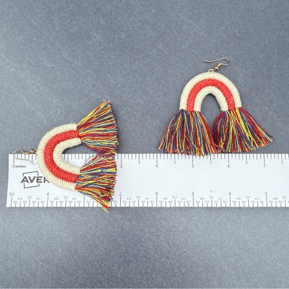 Colorful Macrame Rainbow Tassel Earrings Red Yellow Blue - Picture 11 of 12